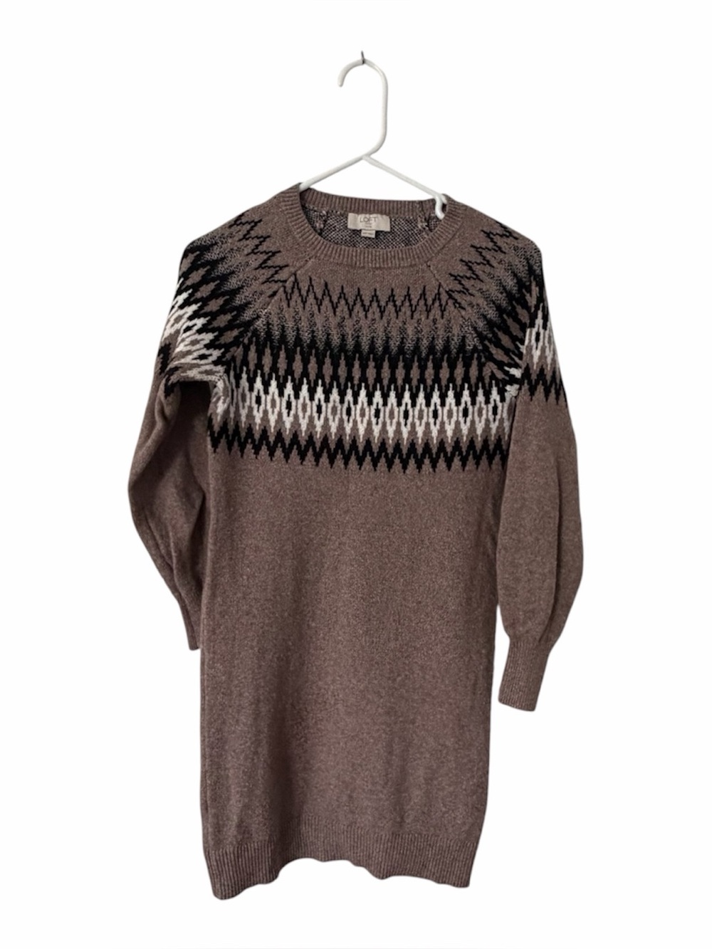 LOFT Fair Isle Sweater Dress Brown Petite XS Cozy Knit